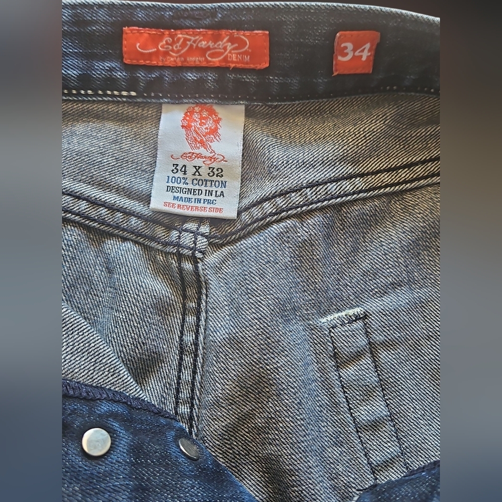 Ed Hardy by Christian Audigier Y2K button fly jeans, embroidery Men 34/32 - Picture 2 of 8